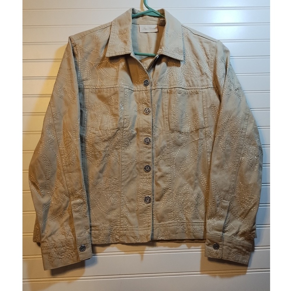 Studio Works Tan Cotton Embroidered Leaf Trucker Jacket Beige Womens 8 Cottage